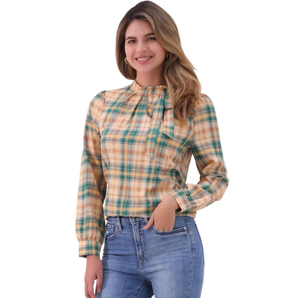 Bow-Tie Neck Blouse Checks Shirt Tops Khaki Green